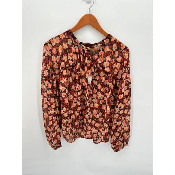 SANCTUARY NWT Tie Neck Floral Ruffle Blouse in Strawberry Fields // XL - Picture 3 of 14